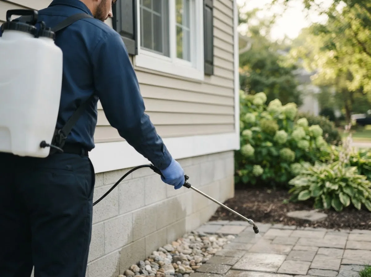 Pest control technician inspecting a home in Ithaca, NE